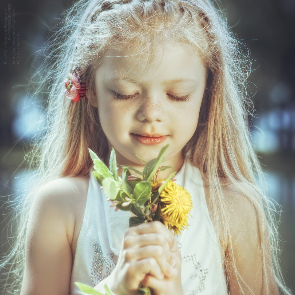 Girl with dandelions | child, dandelion, spring, flowers