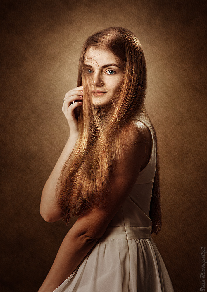 Portrait of a pretty girl | redhead, portrait, brown, white dress