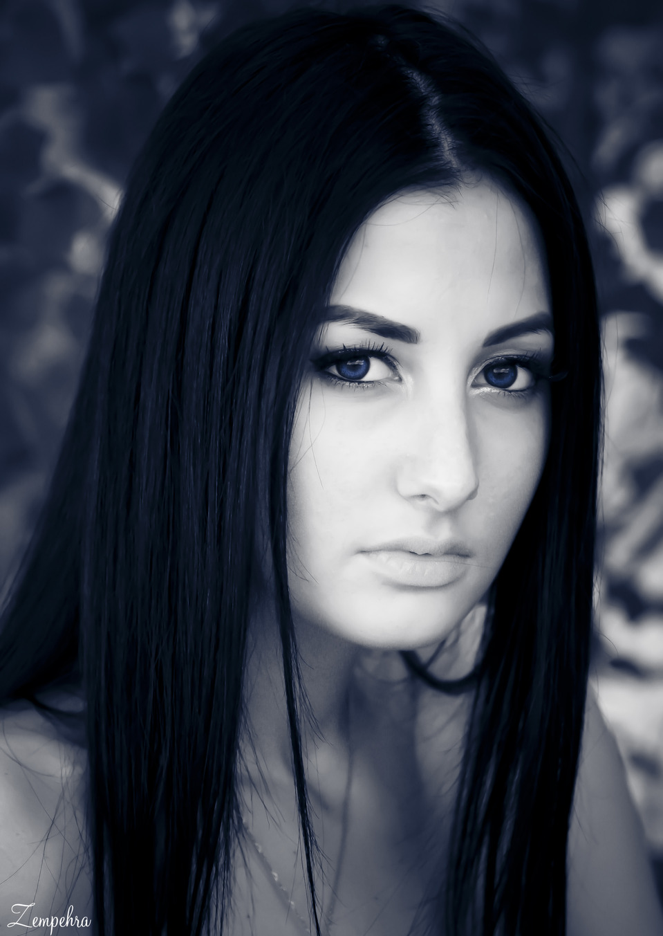 cute girl (long dark blue hair) detailed face, cute